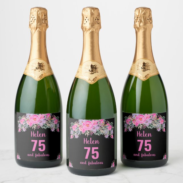 Étiquettes Pour Bouteilles De Vin Mousseux 75e anniversaire noir rose floral (Bouteilles)
