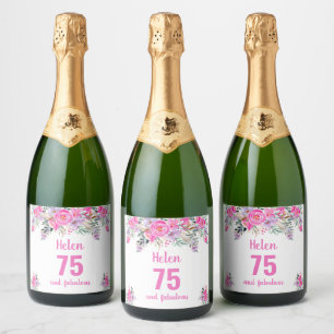 Étiquettes Pour Bouteilles De Vin Mousseux 75e anniversaire rose floral
