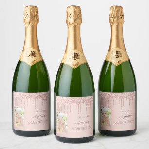 Étiquettes Pour Bouteilles De Vin Mousseux 80e anniversaire de fête photo rose or rose