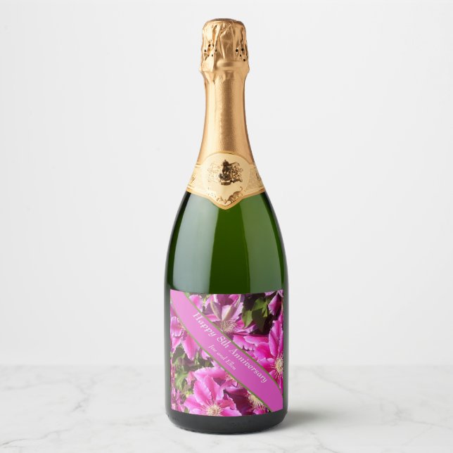 Étiquettes Pour Bouteilles De Vin Mousseux 8e anniversaire, Clematis rose (Devant)