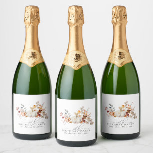 Étiquettes Pour Bouteilles De Vin Mousseux 90e anniversaire Citrouille blanc automne fleurs s
