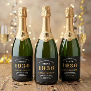 Étiquettes Pour Bouteilles De Vin Mousseux 90e anniversaire Né en 1936 Ajouter un nom Noir Or