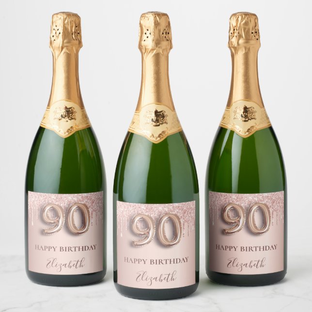 Étiquettes Pour Bouteilles De Vin Mousseux 90e anniversaire rose or parties scintillant rose  (Bouteilles)
