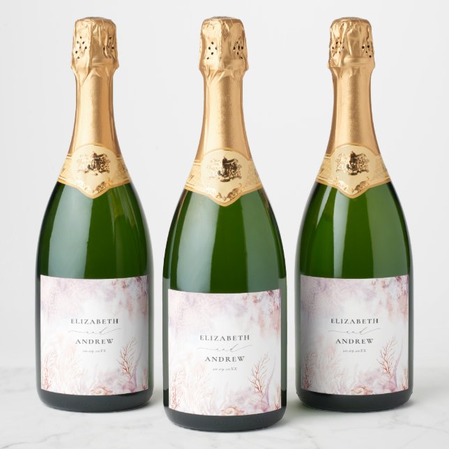 Étiquettes Pour Bouteilles De Vin Mousseux Algues sous-marines | Mariage de coquillage (Bouteilles)