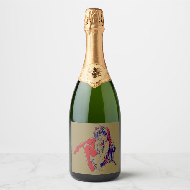 Étiquettes Pour Bouteilles De Vin Mousseux Américain Manga Neko Catgirl Kawaii Anime (Devant)