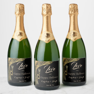 Étiquettes Pour Bouteilles De Vin Mousseux Amour & Happy Halloween Elégant Or & Crânes