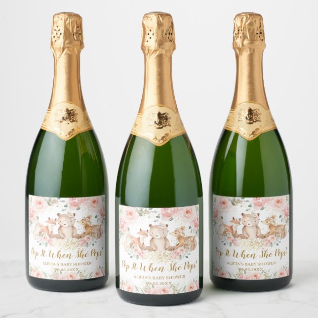 Étiquettes Pour Bouteilles De Vin Mousseux Animaux de bois Blush Baby shower Floral Pop It (Bouteilles)