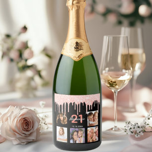 Étiquettes Pour Bouteilles De Vin Mousseux Anniversaire 21 photo noir rose or nom