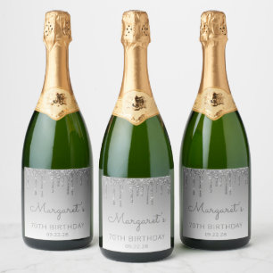 Étiquettes Pour Bouteilles De Vin Mousseux Anniversaire de 70 ans Sparkly Silver Glitter Drip