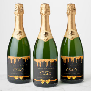 Étiquettes Pour Bouteilles De Vin Mousseux Anniversaire noir glitter goutte monogramme initia