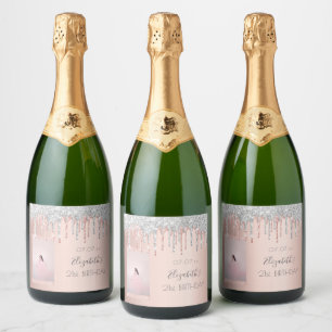 Étiquettes Pour Bouteilles De Vin Mousseux Anniversaire personnalisé photo rose or gouttes d'