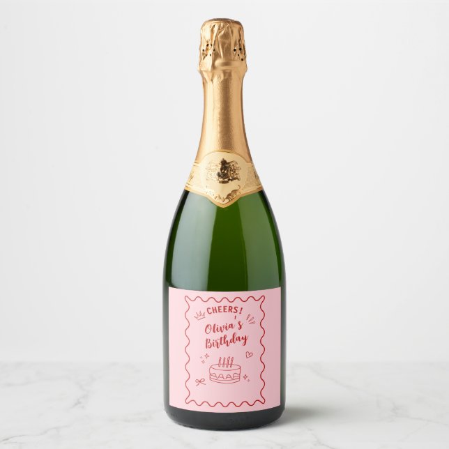 Étiquettes Pour Bouteilles De Vin Mousseux Anniversaire rouge et rose (Devant)