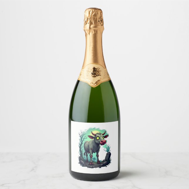 Étiquettes Pour Bouteilles De Vin Mousseux Apocalypse de vache zombie (Devant)