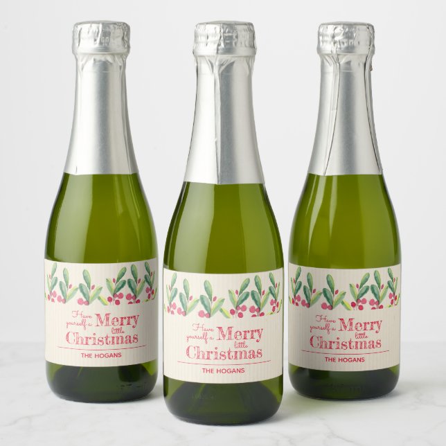 Étiquettes Pour Bouteilles De Vin Mousseux Aquarelle Berries Feuilles Noël Mini (Bouteilles)