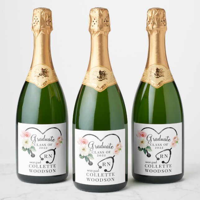 Étiquettes Pour Bouteilles De Vin Mousseux Aquarelle Floral Stethoscope Infirmière Diplômée (Bouteilles)
