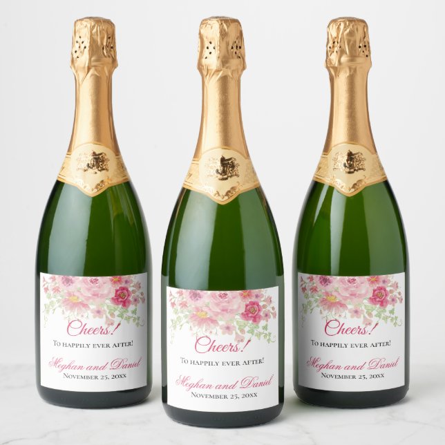 Étiquettes Pour Bouteilles De Vin Mousseux Aquarelle rose Mariage (Bouteilles)