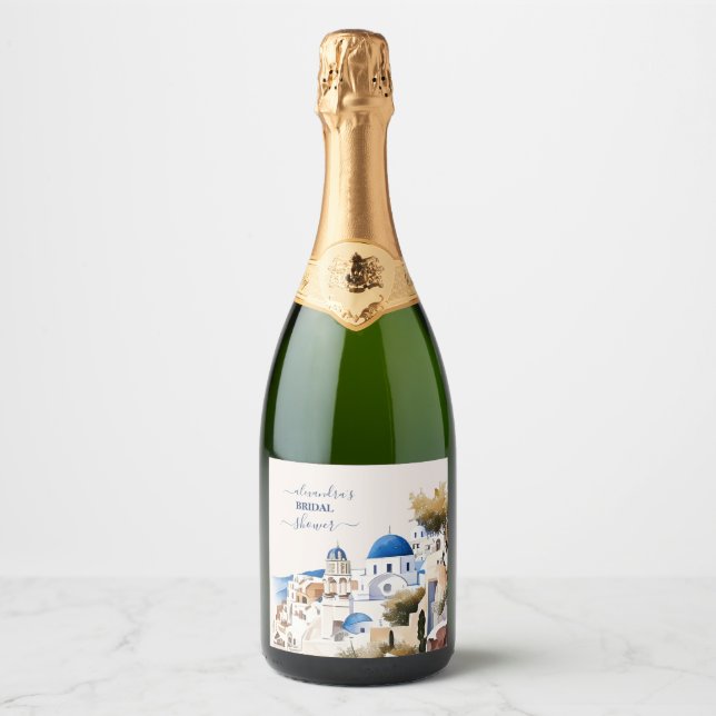 Étiquettes Pour Bouteilles De Vin Mousseux Aquarelle Santorini Destination Bride (Devant)