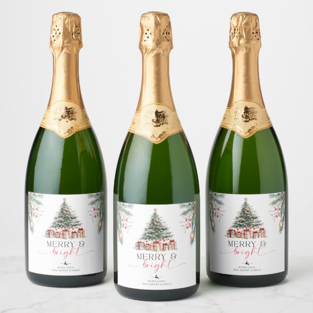 Étiquettes Pour Bouteilles De Vin Mousseux Arbre de Noël Joyeux et cadeau lumineux (Bouteilles)