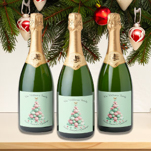 Étiquettes Pour Bouteilles De Vin Mousseux Arbres Macaron de Noël Nom et message personnalisé