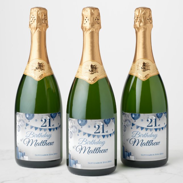 Étiquettes Pour Bouteilles De Vin Mousseux Argent bleu 21e anniversaire (Bouteilles)