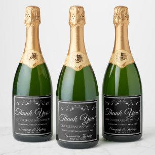 Étiquettes Pour Bouteilles De Vin Mousseux Argent sur le Mariage noir étincelant la bouteille