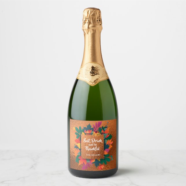 Étiquettes Pour Bouteilles De Vin Mousseux Automne Thanksgiving Feuilles sur cuivre (Devant)