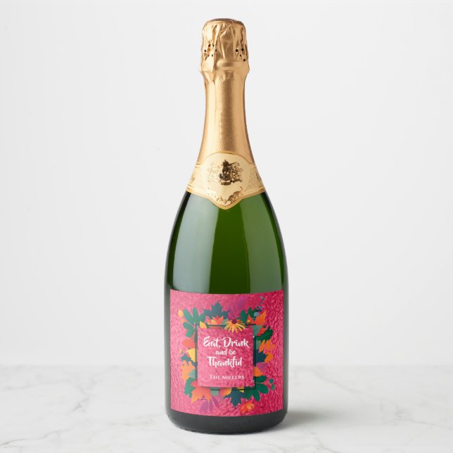 Étiquettes Pour Bouteilles De Vin Mousseux Automne Thanksgiving Feuilles sur Hot Pink (Devant)