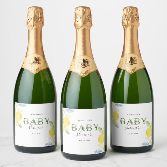 Étiquettes Pour Bouteilles De Vin Mousseux Baby shower aux citrons aquarelles (Bouteilles)