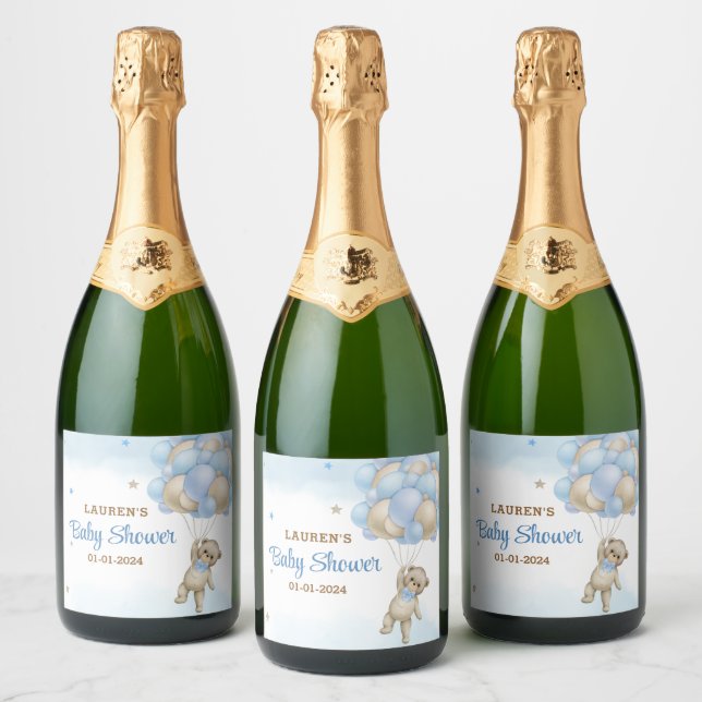 Étiquettes Pour Bouteilles De Vin Mousseux Baby shower Ballons Bleus Ours Teddy (Bouteilles)