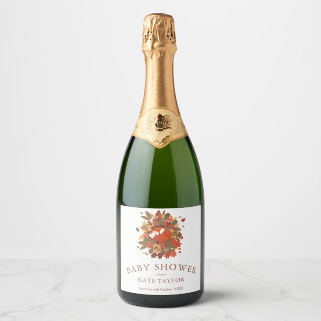 Étiquettes Pour Bouteilles De Vin Mousseux Baby shower Cute Woodland Fox Cub (Devant)