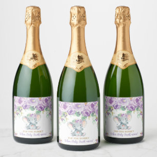 Étiquettes Pour Bouteilles De Vin Mousseux Baby shower éléphant violet floral Pop the Bubbly