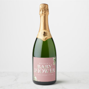 Étiquettes Pour Bouteilles De Vin Mousseux Baby-Shower Rose Poussiéreuse Lettre de Floraison