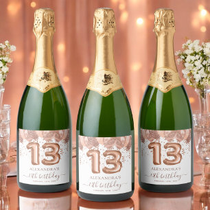 Étiquettes Pour Bouteilles De Vin Mousseux Ballons d'or rose 13e fête d'anniversaire