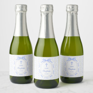 Étiquettes Pour Bouteilles De Vin Mousseux Baptême floral de la structure en ruban bleu