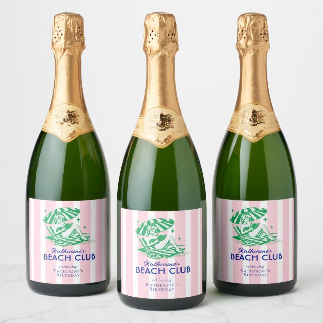 Étiquettes Pour Bouteilles De Vin Mousseux Beach Club Pink Stripes Retro Girl Birthday  (Bouteilles)