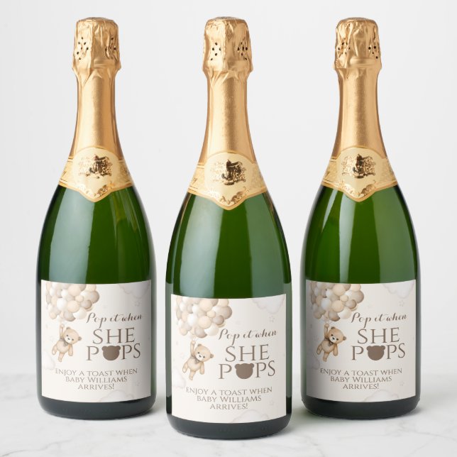 Étiquettes Pour Bouteilles De Vin Mousseux Bearly Wait Bear Balloon She Pops Baby shower (Bouteilles)