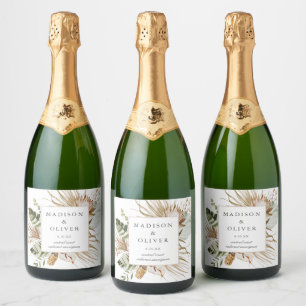 Étiquettes Pour Bouteilles De Vin Mousseux Beau Boho Botanical Chic Mariage blanc