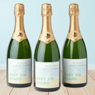 Étiquettes Pour Bouteilles De Vin Mousseux Bébé à bord du Baby shower d'aquarelle surf Beach