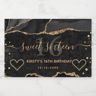 Étiquettes Pour Bouteilles De Vin Mousseux Black and Gold Glitter Agate Marble Sweet 16
