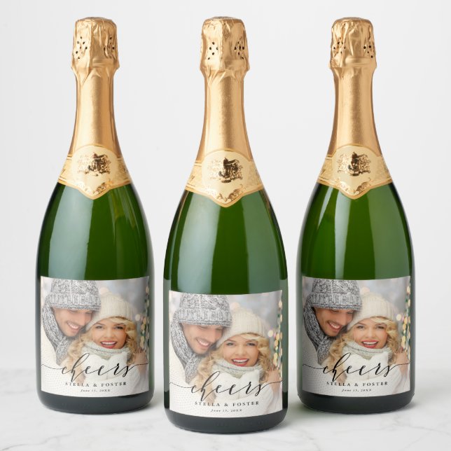 Étiquettes Pour Bouteilles De Vin Mousseux Black Cheers Elégant Calligraphie Photo (Bouteilles)