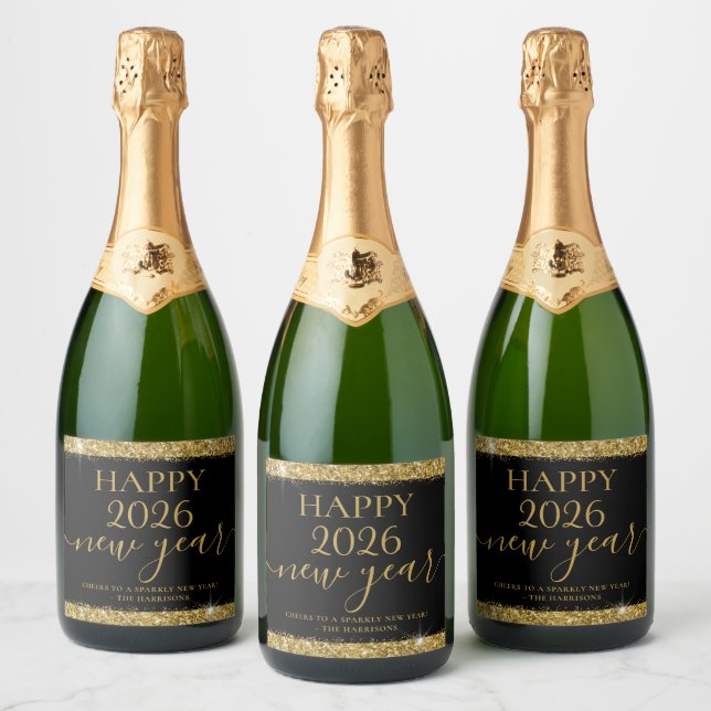 Étiquettes Pour Bouteilles De Vin Mousseux Black Gold Bonne année 2026 Personnalisé (Bouteilles)