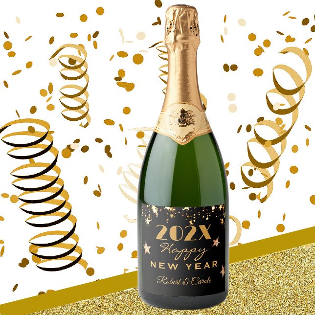 Étiquettes Pour Bouteilles De Vin Mousseux Black & Gold, Nom sur Bonne Année (Créateur téléchargé)
