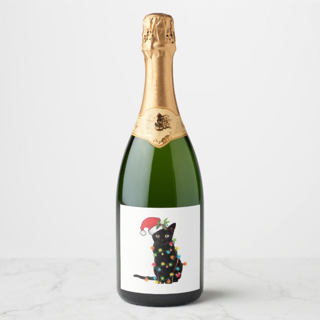 Étiquettes Pour Bouteilles De Vin Mousseux Black Santa Cat Tangled Up (Devant)