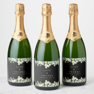 Étiquettes Pour Bouteilles De Vin Mousseux Black Snowberry+Eucalyptus Mariage d'hiver