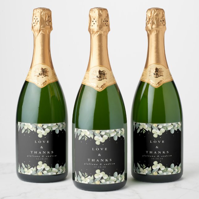 Étiquettes Pour Bouteilles De Vin Mousseux Black Snowberry+Eucalyptus Mariage d'hiver (Bouteilles)