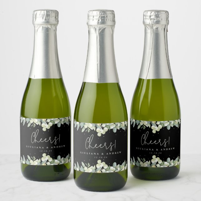Étiquettes Pour Bouteilles De Vin Mousseux Black Snowberry+Eucalyptus Mariage d'hiver Mini (Bouteilles)