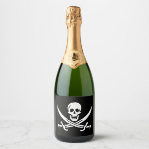Étiquettes Pour Bouteilles De Vin Mousseux Blanc, Drapeau Pirate Calico Jack, Crâne & Cutlass