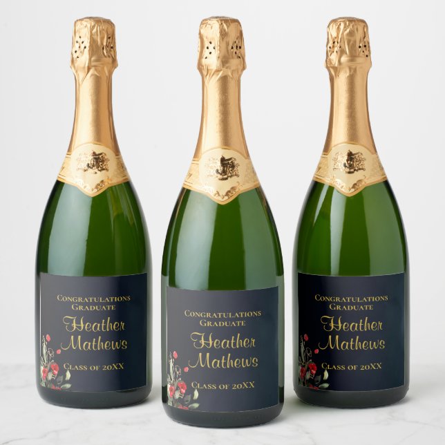 Étiquettes Pour Bouteilles De Vin Mousseux Bleu bleu marine Floral Gold Graduation (Bouteilles)