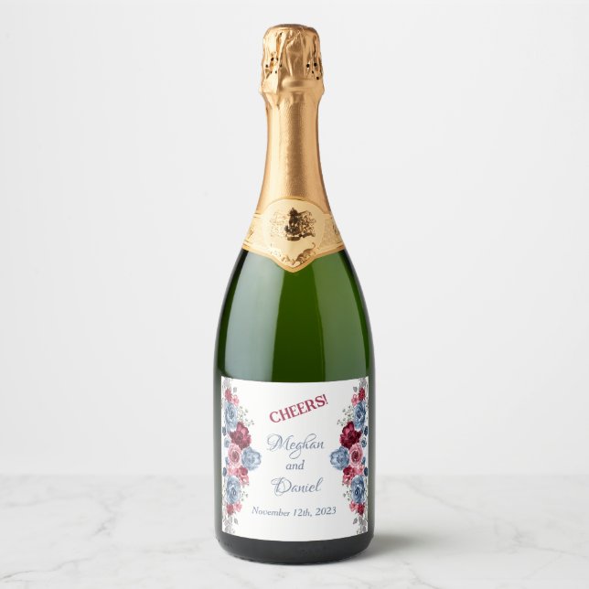 Étiquettes Pour Bouteilles De Vin Mousseux Bleu Dusty et Mariage Bourgogne (Devant)