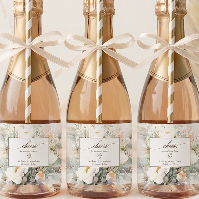 Étiquettes Pour Bouteilles De Vin Mousseux Blooms blancs rustiques bravo Mariage (Créateur téléchargé)